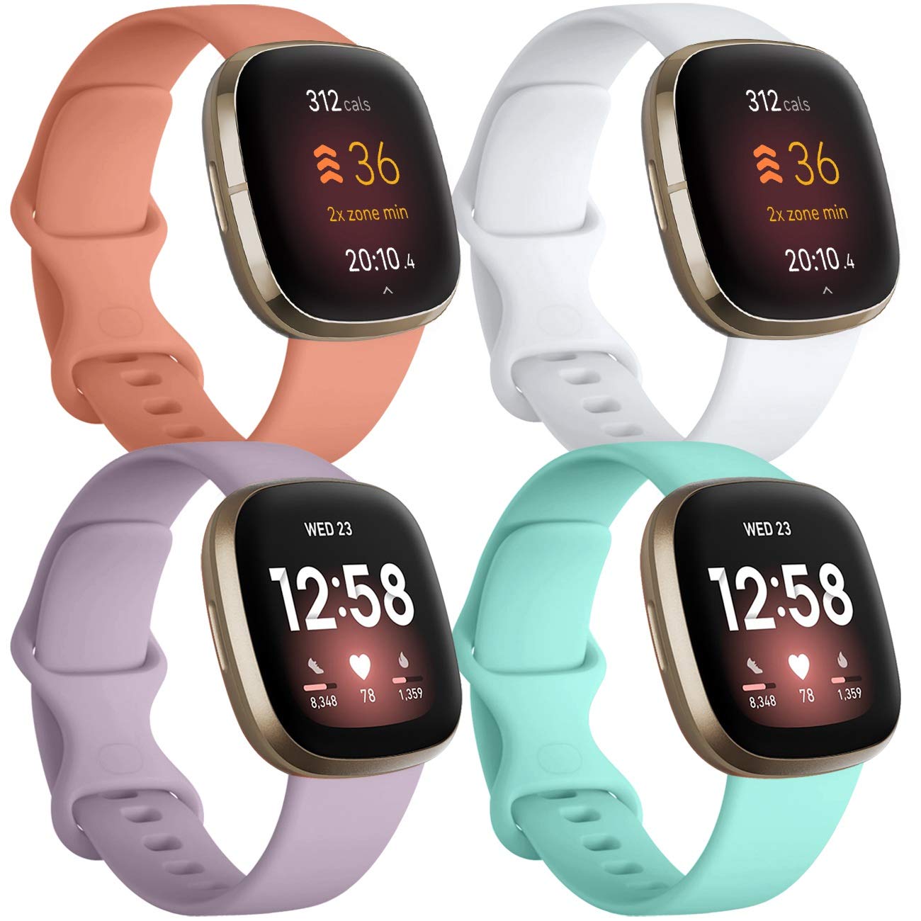 JUVEL Pack 4 Straps Compatible with Fitbit Versa 3 Strap/Fitbit Versa 4/Fitbit Sense/Sense 2 Strap, Soft Sport Silicone Replacement Wrisbands for Women Men, Small Peach/Auqa/Lavender/White