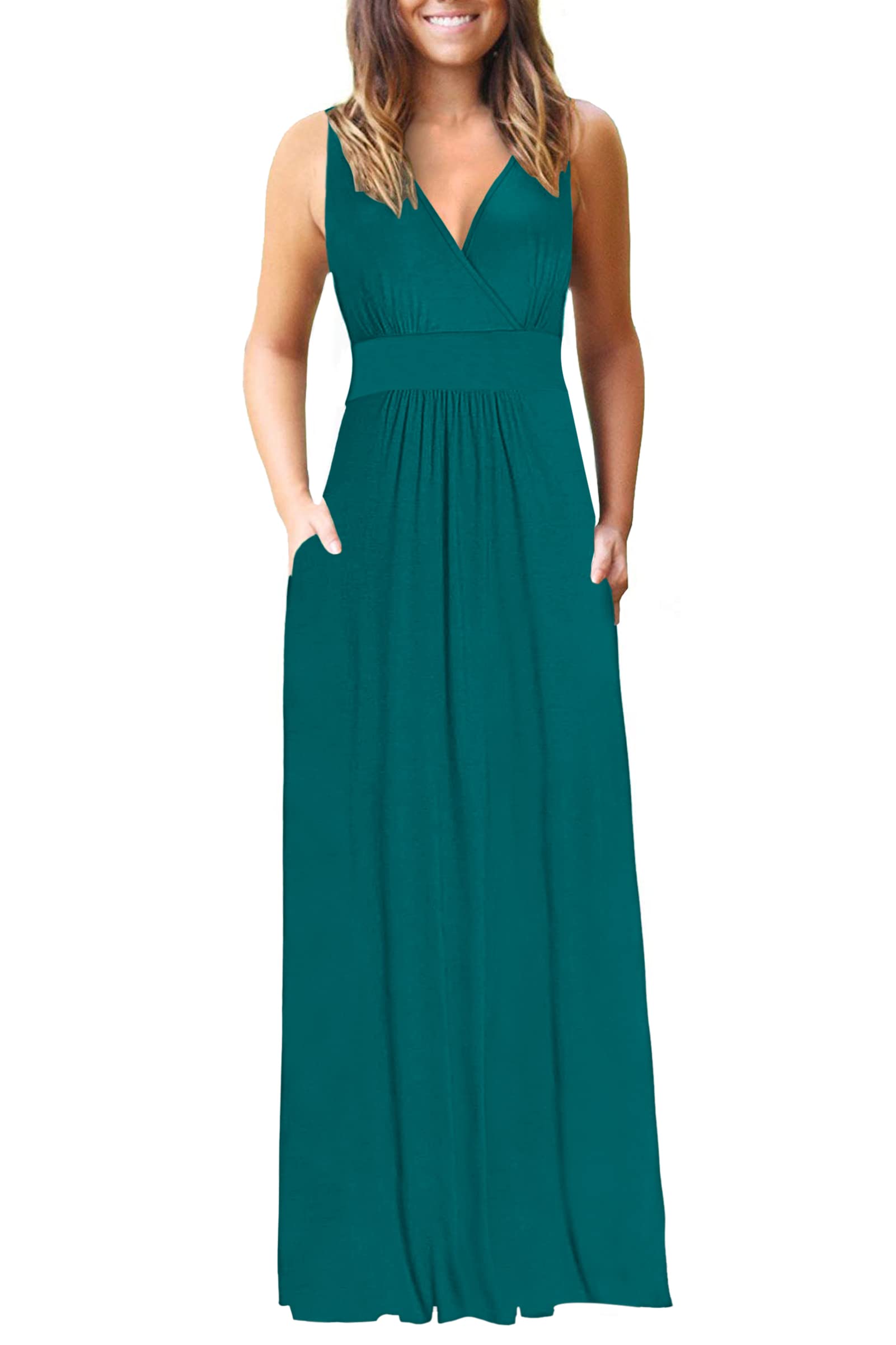 AUSELILY Women's Sleeveless Formal Dress Deep V Neck Loose Plain Cocktail Long Maxi Dresses with Pockets 2026 New Dark Green S Image