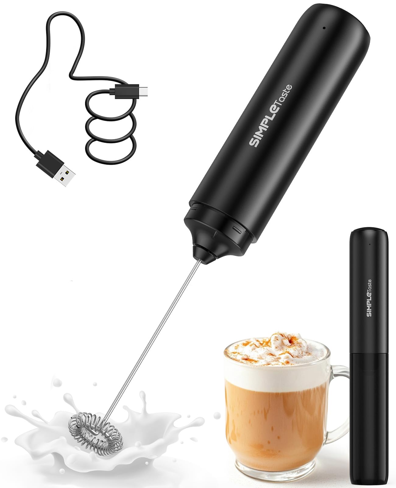 Photo 1 of ***MISSING POWER CORD / UNKNOWN DAMAGES*** SIMPLETaste Milk Frother Wand Rechargeable Handheld Drink Mixer, USB-C Electric Whisk with Stainless Steel Whisk for Coffee, Lattes, Cappuccino, Matcha, Hot Chocolate&Creamer