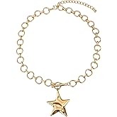 MQV Chunky Statement Gold Hammered Bold Star Necklace Thick Chain Vintage Chain Pendant Jewelry