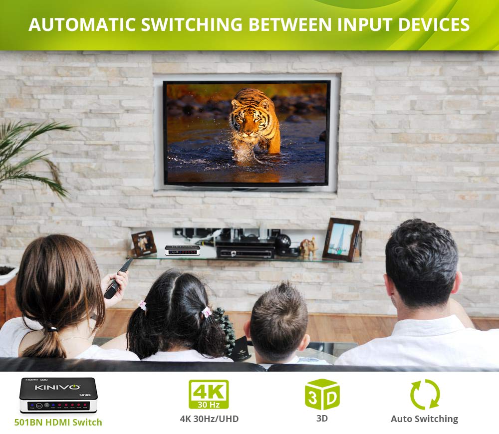Kinivo HDMI Switch 4K HDR 501BN (5 in 1 Out, 4K 30Hz HDR, HDMI 2.0, High Speed 18Gbps, IR Remote, HDCP) - Compatible with Roku, PS5, Xbox, Apple TV, Nintendo Switch, Cable Box