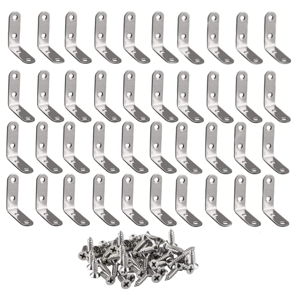 40 Pcs Corner Brace Stainless Steel L Brackets 50mm x 50mm Heavy Duty Shelf Bracket 90 Degree Right Angle Joint Bracket Fastener with Screws for Shelves Wood Boxes Furniture,Silver