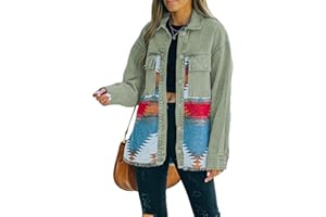 Haellun Women's Aztec Shacket Distressed Lapel Long Sleeve Button Down Jean Denim Jacket Coat
