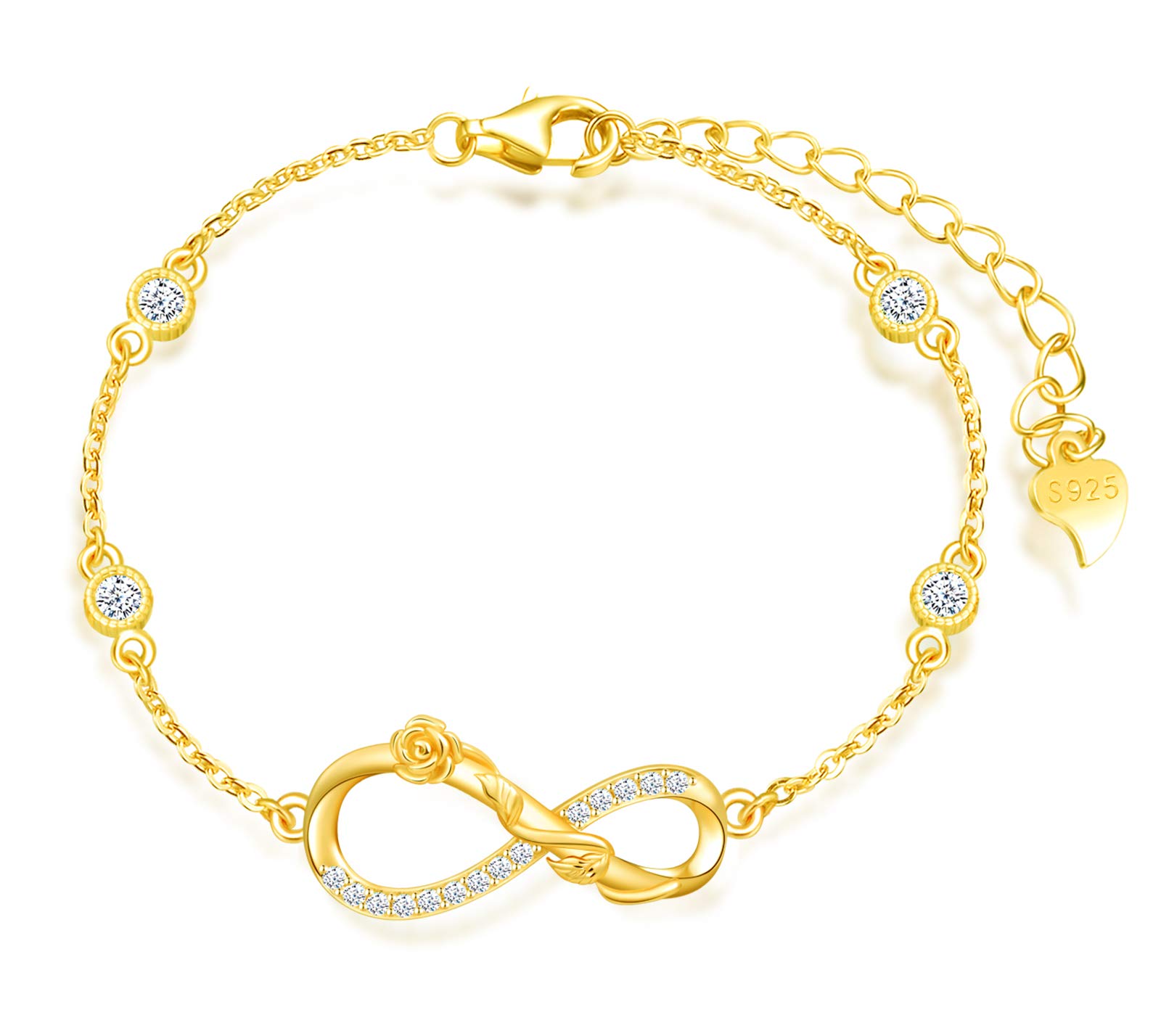 MicLee Woman's girl's Bracelet, 925 Sterling Silver bracelet, Rose flower and infinity symbol bracelet, Inlaid with zircon, adjustable chain, Unique design bracelet, gold