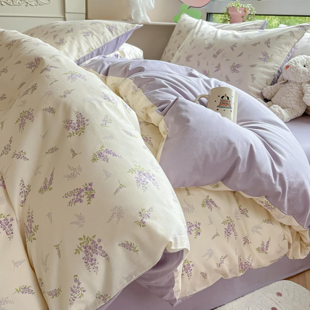 Photo 1 of ** Missing parts unknown *** Sedefen Floral Duvet Cover Queen Size Lavender Purple Romantic Flower Bedding Set 3 Pcs Kids Boys Girls Women Spring Aesthetic Green Botanical Soft Breathable Comforter Cover with Zipper Closure