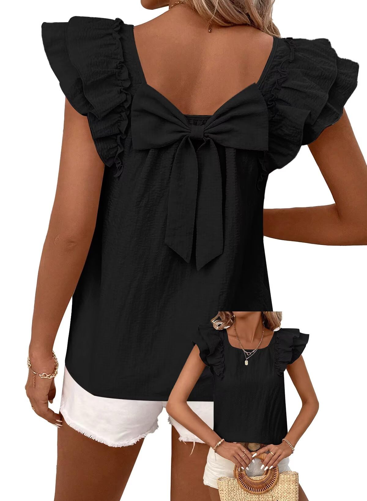 Photo 1 of Falechay Summer Cute Womens Tops Women Going Out Sexy Bow Tie Back Blouses Babydoll Ruffle Sleeve Wrinkles Shirts Fashion Crewneck Clothing Trendy Short Butterfly Sleeves Flowy Plus Size Black Tee XL
