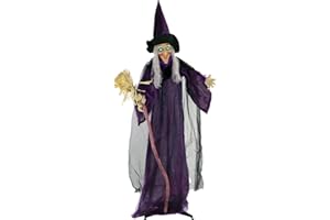 Haunted Hill Farm Life-Size Animatronic Scary Talking Witch with Broomstick and Touch Activated Lights and Sound, Battery-Operated Indoor or Covered Outdoor Halloween Decoration