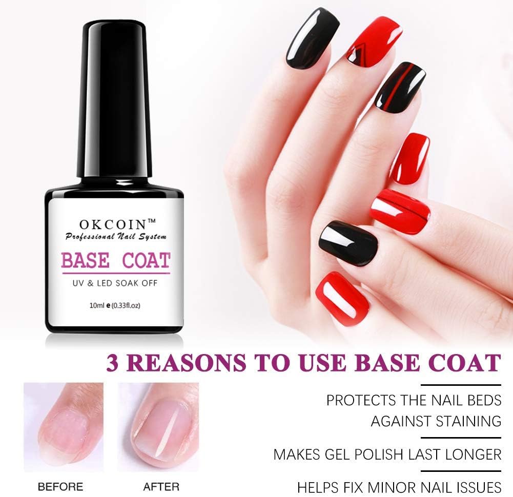 OKCOIN No Wipe Top Coat and Base Coat Set, 10ml UV LED Soak Off High Glossy and Shiny Finish New Upgraded Formula Long-Lasting Base Top Coat for Home DIY and Nail Salon: Health & Personal Care