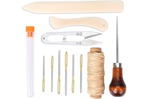 WONVOC 12 Pcs Bookbinding Tools Kit, Bone Folder Paper Creaser, Sewing Awl Tool, Waxed Thread, Large Eye Needles, Scissors for Leathercraft Bookbinding and Scrapbooking