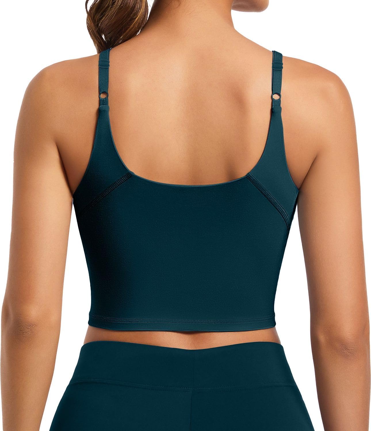 Photo 1 of Comper Women Longline Adjustable Sports Bra Wirefree Racerback Workout Bras Sexy Thin Straps Yoga Sport Bras Tank Tops with Removable Pads(Ink Blue-L)
