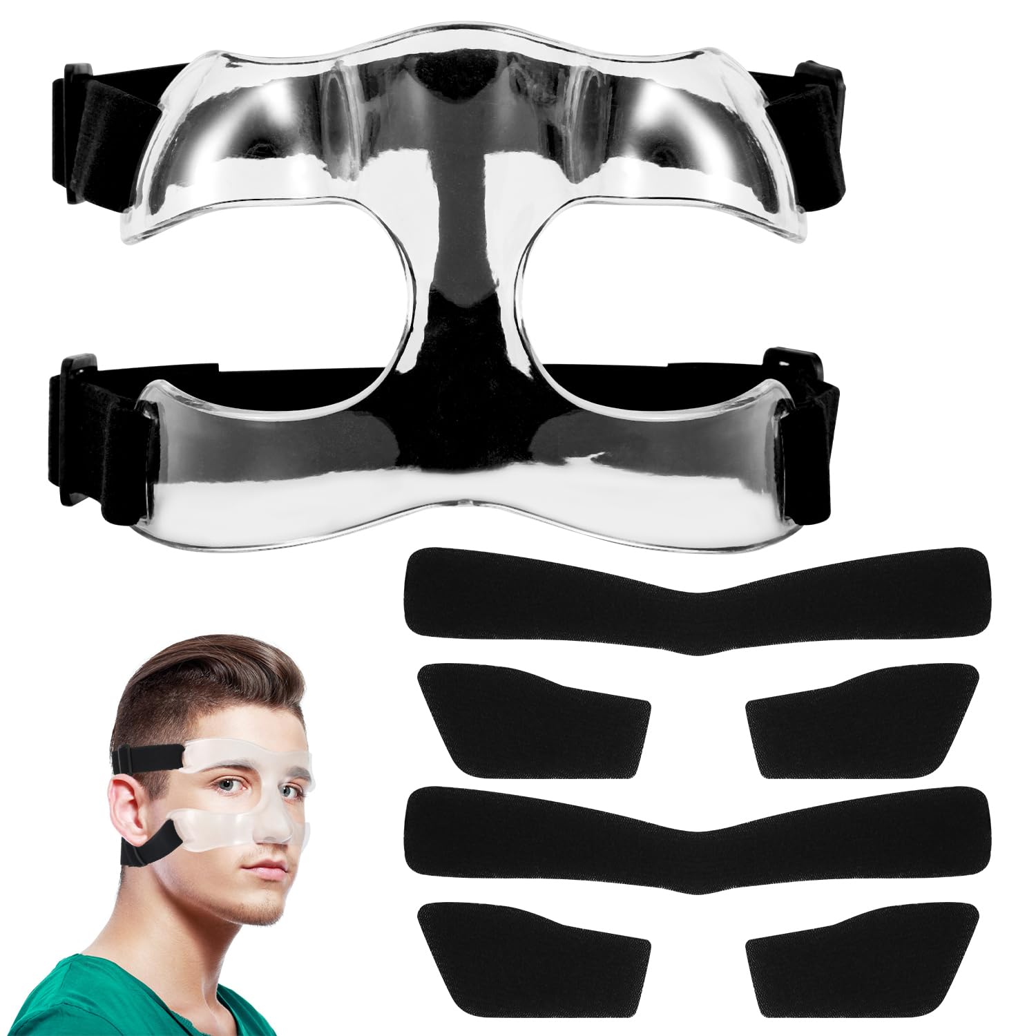 Nose Guard Face Shield for Broken Nose, Adjustable Nose Guard with Foam Padding Breathable Clear Face Mask Side Open Nose Protector from Injuries for Basketball Soccer Sports Adults Teens