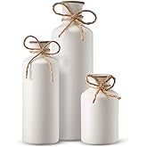 3Pcs Ceramic Vases, Rustic Decorative Flower Vases Set for Modern Farmhouse Decoration, Living Room Centerpieces and Events, Table, Bookshelf, Mantel and Entryway Decor (White)