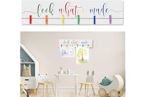Sawysine Look What I Made Sign with Clips Artwork Display Signs for Wall Hanging Artwork Frames Changeable Art Display Frame Wood Playroom Sign Nursery Wall Decor(White)