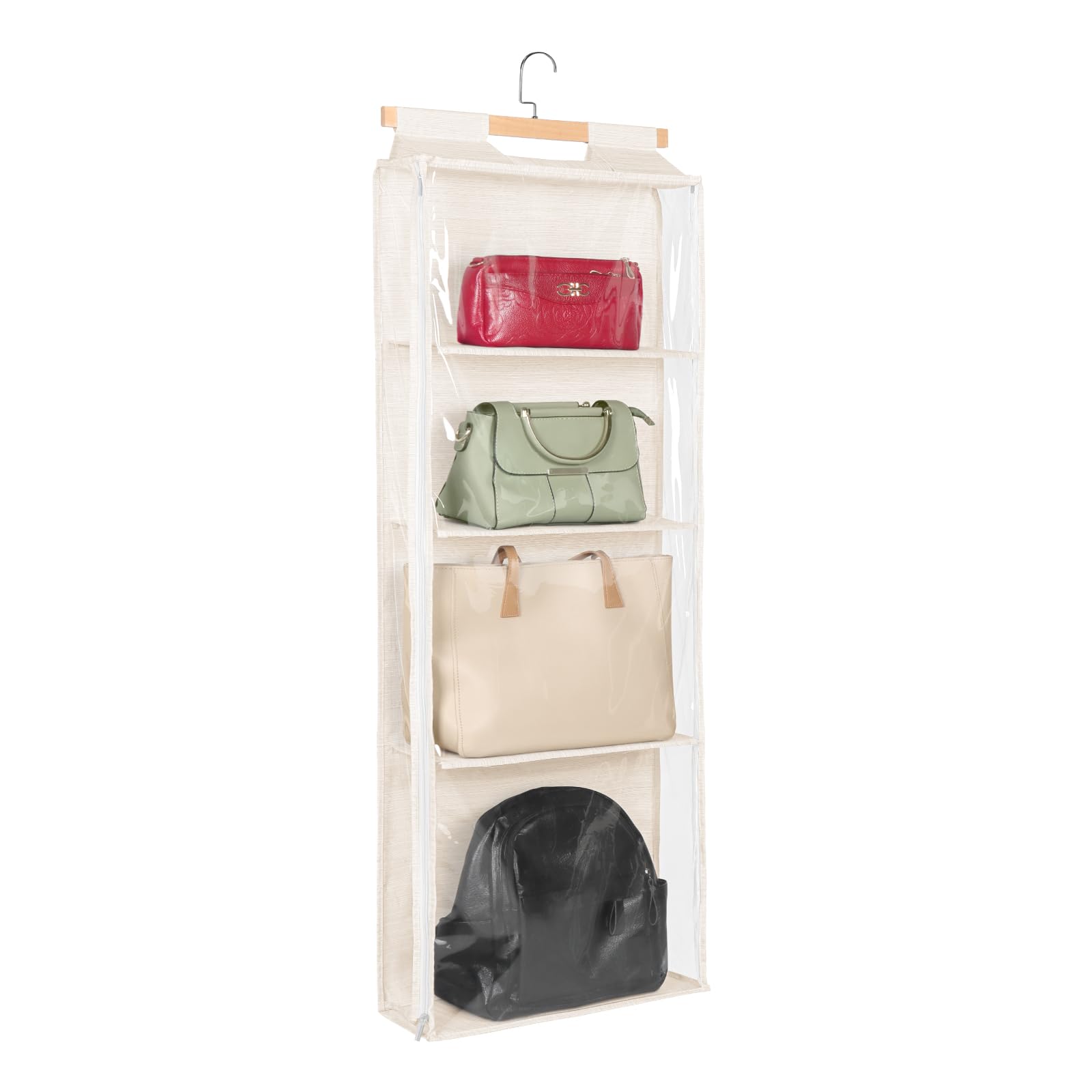 Syeeiex Dustproof Hanging Handbag Organiser With Zip, 4 Clear Pockets Purse Organizer Space Saving Hanging Handbag Storage Organiser for Wardrobe Bedroom Living Room 127 x 40cm, Beige