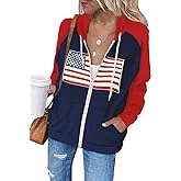 Dressmine Womens Zip Up Hoodie Oversized Usa Sweatshirt Pattern Long Sleeve American Flag Jacket Casual Patriotic Hoodies