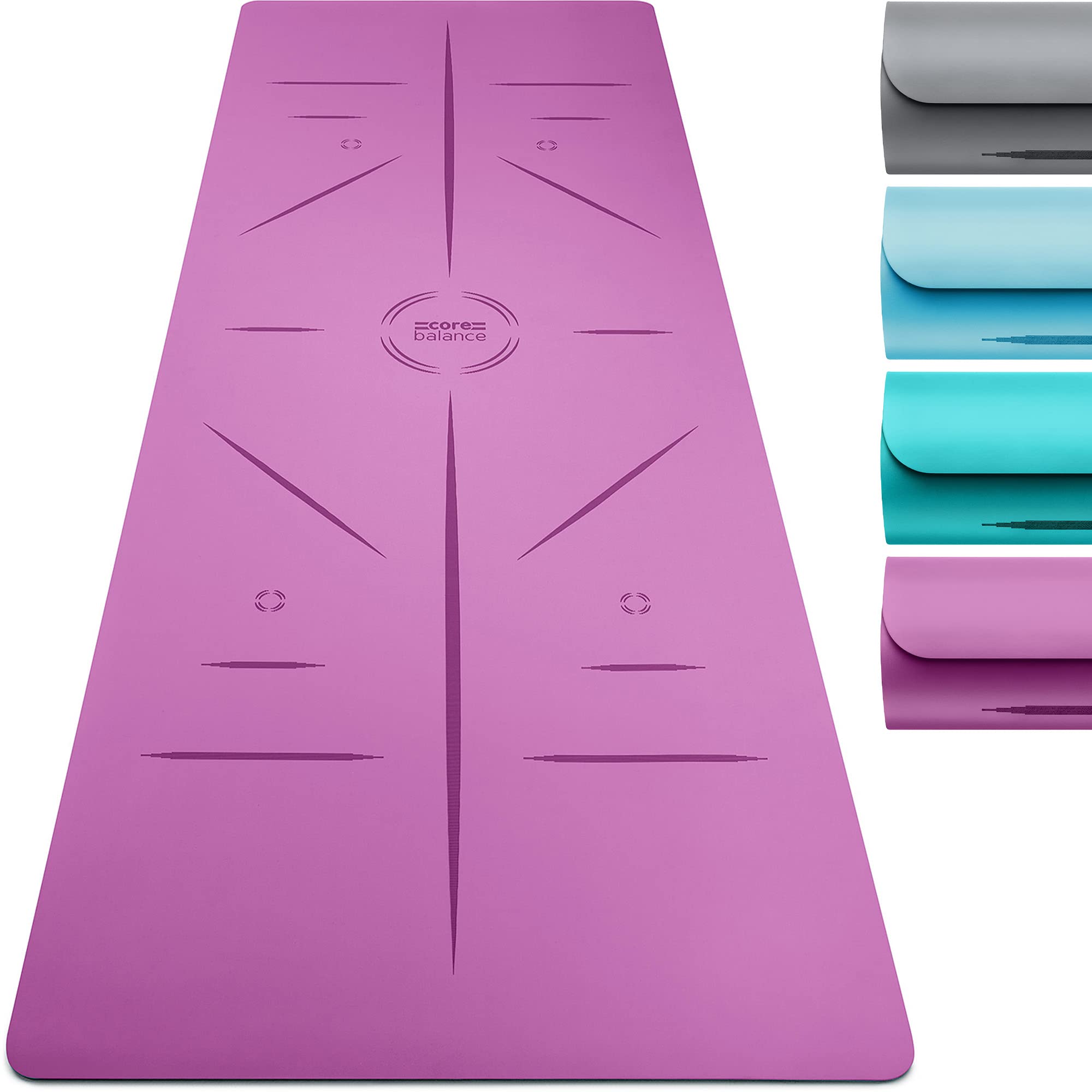 Core Balance Rubber Yoga Mat with Asana Alignment Lines Extra Wide Non Slip with Roll Strap (Purple)