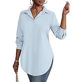 Rooscier Women's Collar V Neck Long Sleeve Slit Side Button Down Long Shirt Blouse Top