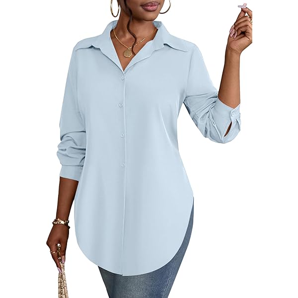 LYANER Women's Button Split Slit Sides Scoop Neck Long Sleeve