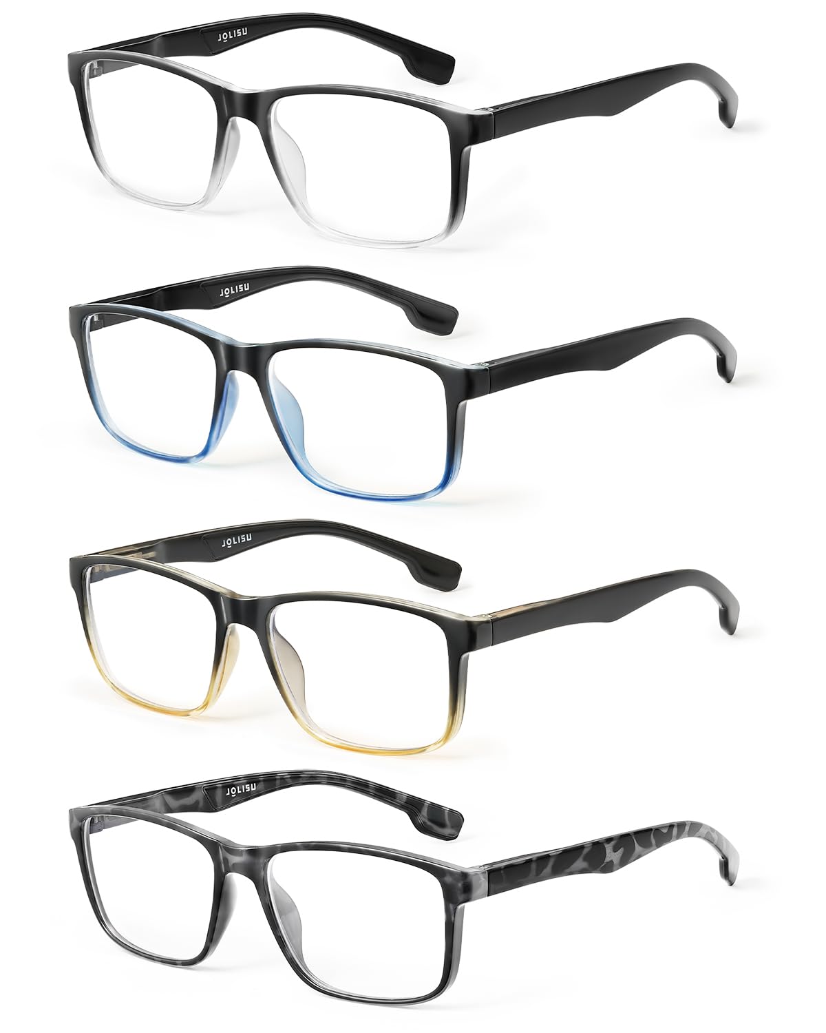 Photo 1 of JOLISU 4 Pack Reading Glasses Men Blue Light Blocking with Spring Hinge, Anti Eyestrain/UV Large Wide Square Computer Readers (2.75)