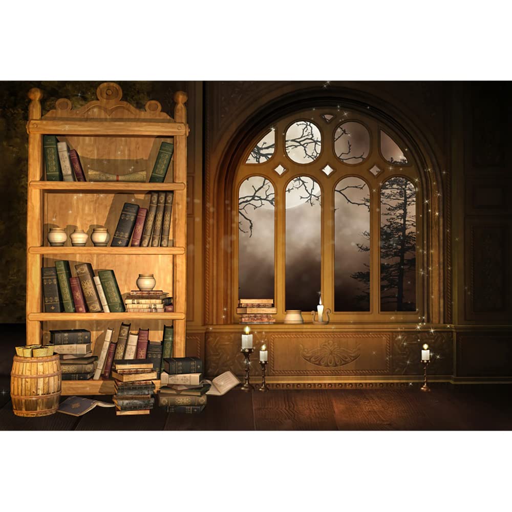 Aoihrraan 12x8ft Vintage Bookshelf Backdrop Retro Library Bookcase Books Candles Arch Window Moon Night Interior Photography Background Wedding Baby Shower Children Adults Portrait Photo Studio Props
