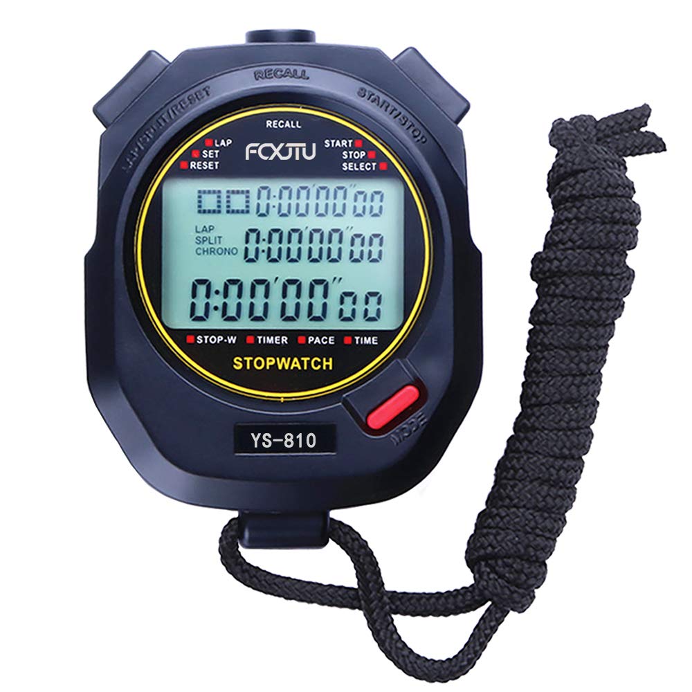 FCXJTU 10 Lap Digital Stopwatch Timer, 10 Split Memory Time & Calendar Alarm, Pace Mode with 3-Row Extra Large Screen Water Resistant Includes Battery, Lanyard for P.E Coach and Sport Event (10Lap)