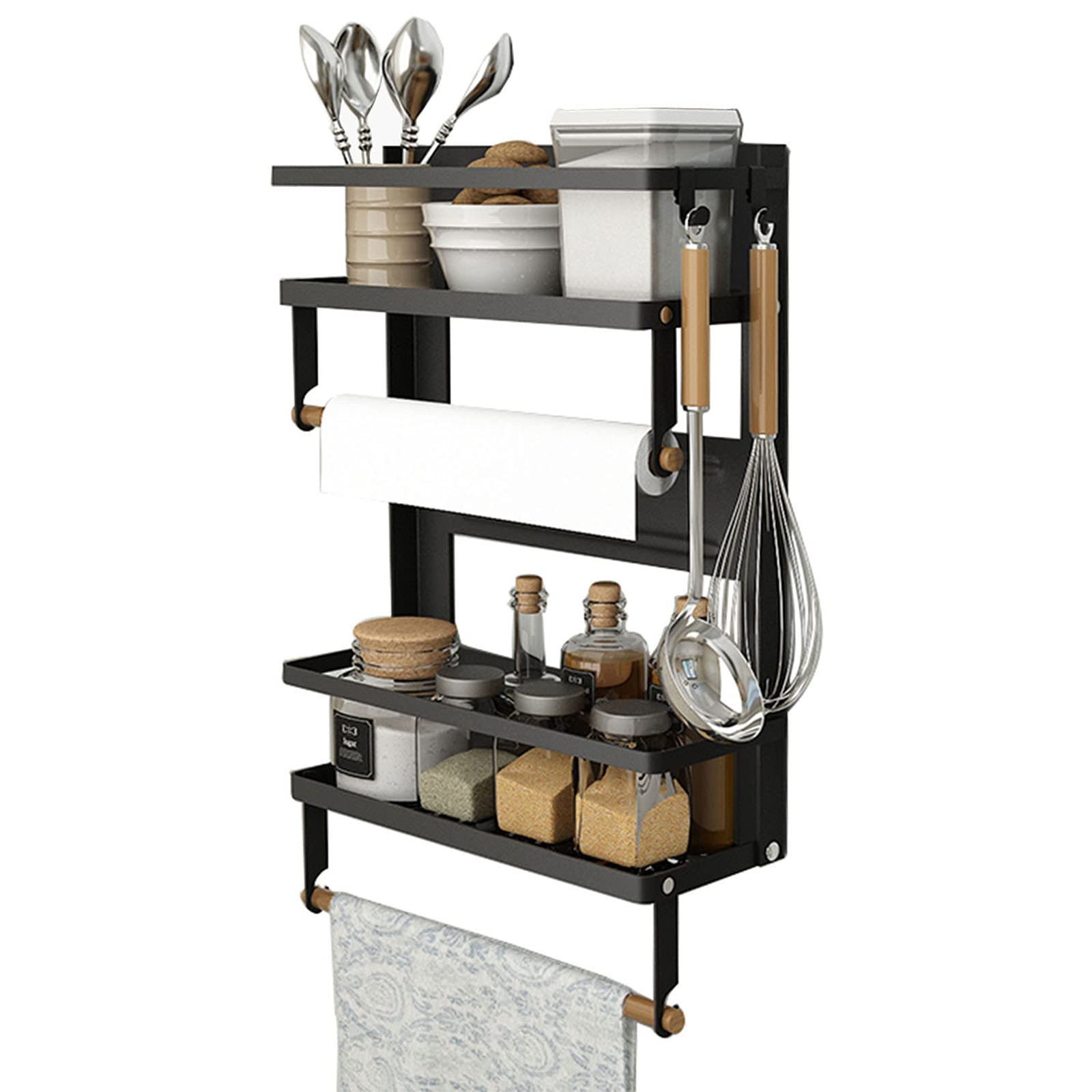 EASTTOWEST Magnetic Spice Rack,4 Tier Kitchen Magnetic Shelf for Refrigerator Fridge Organizer with 2 Paper Towel Holders and 5 Removable Hooks,Matte Black