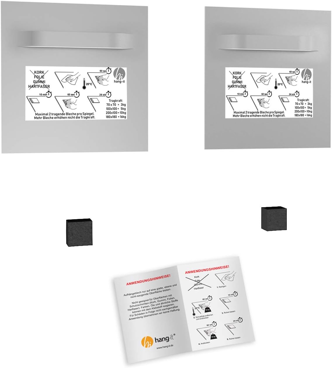 hang-it Spiegel Aufhänger Set inkl. 2 Spiegelaufhänger - 100x100 mm Spiegelhalter und 2 Abstandshalter