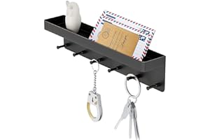 MKO Key Holder Wall Mount, Key Holder Wall Mount Adhesive with Mail Organizer Tray with 6 Key Hooks for Wall, Black