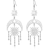 Fiklon Sun and Moon Star Chandelier Earrings for Women Dangle Dangly Earrings Phase Crescent Drop Dangling Earrings Stainless Steel Jewelry