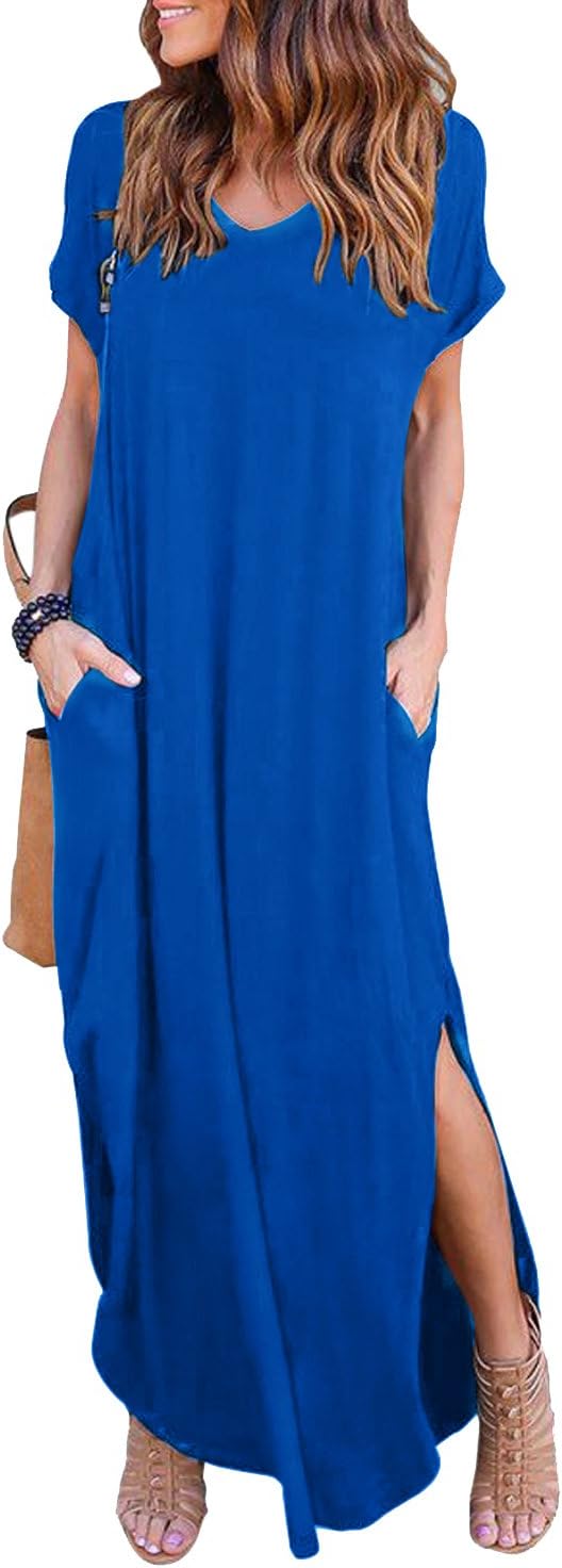 Women's Summer Maxi Dress Casual Loose Pockets Long Dress Short Sleeve Split