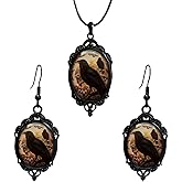 wsycoo Goth Earrings Necklace for Women Goth Jewelry Set Vintage Gothic Raven Bat Witch Glass Cameo Earrings Punk Style Raven Bat Witch Necklace Gothic Jewelry Gifts for Women