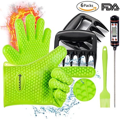 Kwanan BBQ Gloves with Pull Pork Meat Claws, Meat Thermometer and BBQ Grill Brush- High Heat Resistance up to 425°F, Non-slip–6 in 1 Set BBQ Grill Accessories for Men&amp; Women