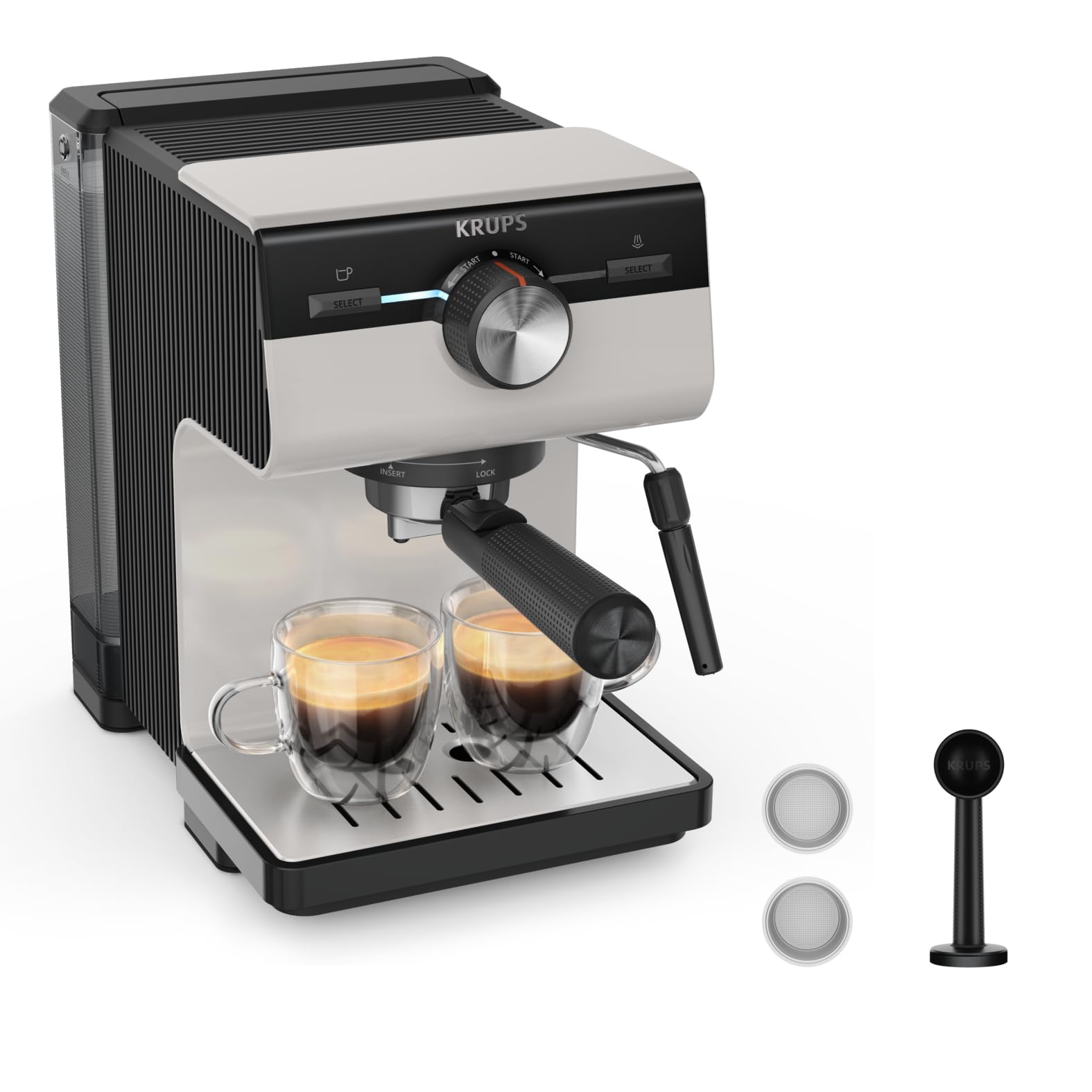 Krups Authentic Espresso-Siebträgermaschine, 15 bar, intuitive Bedienung, raffiniertes Design, integrierte Dampfdüse, 2 L-Wassertank, inkl. Zubehör, Grey/Creme, XP381B10