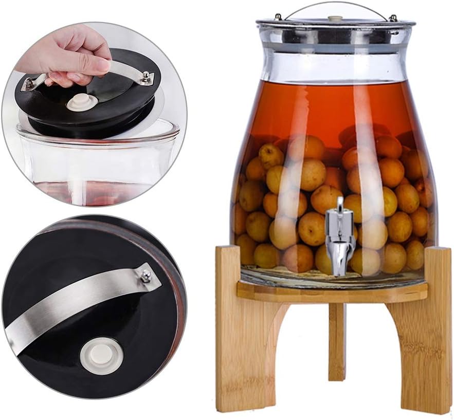 HYXQYJP Enzyme Bucket Sealed Glass Jar with Lid 5L,Drink Dispenser with Leak-Free Tap High Stand Metal Handle,for Water/Juice/Beer (Color : ABS Spigot, Size : Bamboo base)