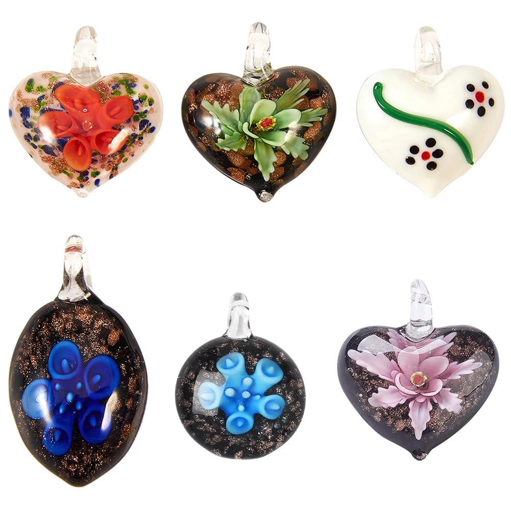 SUNNYCLUE 6 Styles Handmade Murano Lampwork Pendants with Hole for Bracelet Necklace Jewellery Making Supplies Swirl Heart Flower Lampwork Pendants