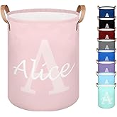 SPYORBKX Custom Laundry Basket with Name Capital, Personalized Baby Foldable Storage Hamper for Bedroom Bathroom, Round Storage Hamper with Handle for Men Women Pink