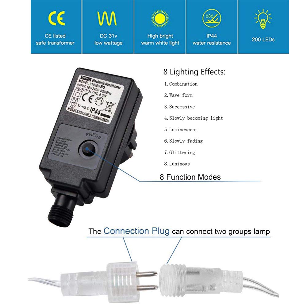 LED Fairy Lights 200 LED String Lights 66ft IP44 Waterproof Warm White Light, DC 31V Low Voltage Transformer Suitable for Indoor, Outdoor, Party, Garden, Christmas