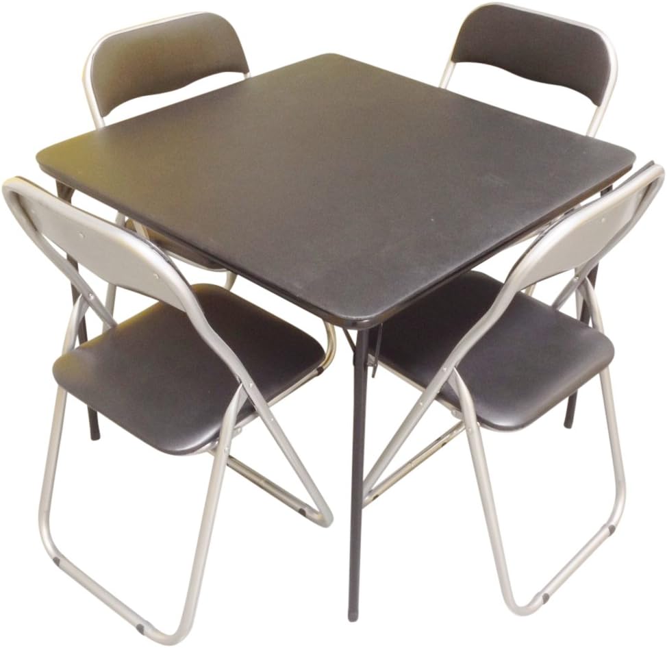 Standard Bridge Card Game Table Folding Legs + 4 Padded Metal Folding Black Chairs