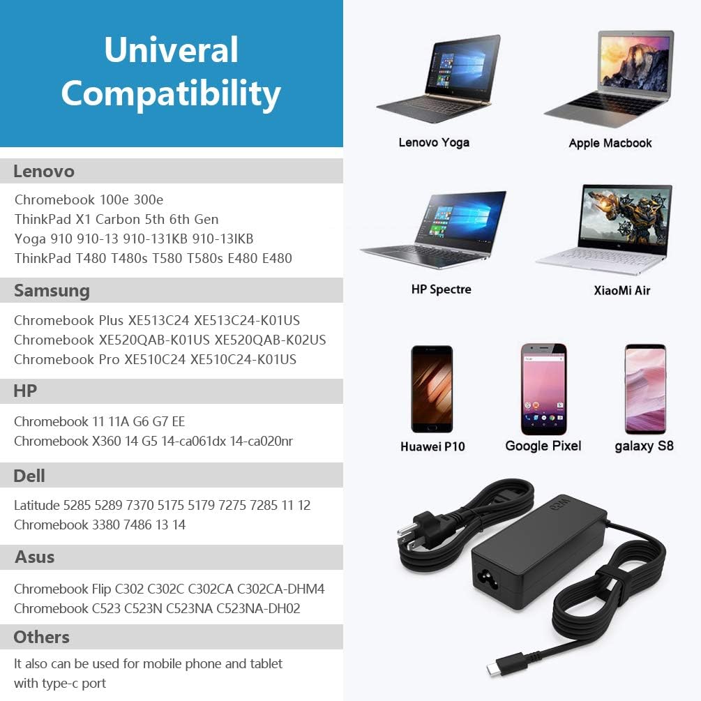 65W 45W USB-C AC Charger Fit for Lenovo ThinkPad T480 T480s T580 T580s Chromebook 100e 300e C330 N23 Yoga C930 C940 C740 S730 730 730S 910 920 13 4x20m26268 Laptop USB Type C Power Supply Adapter Cord: Electronics