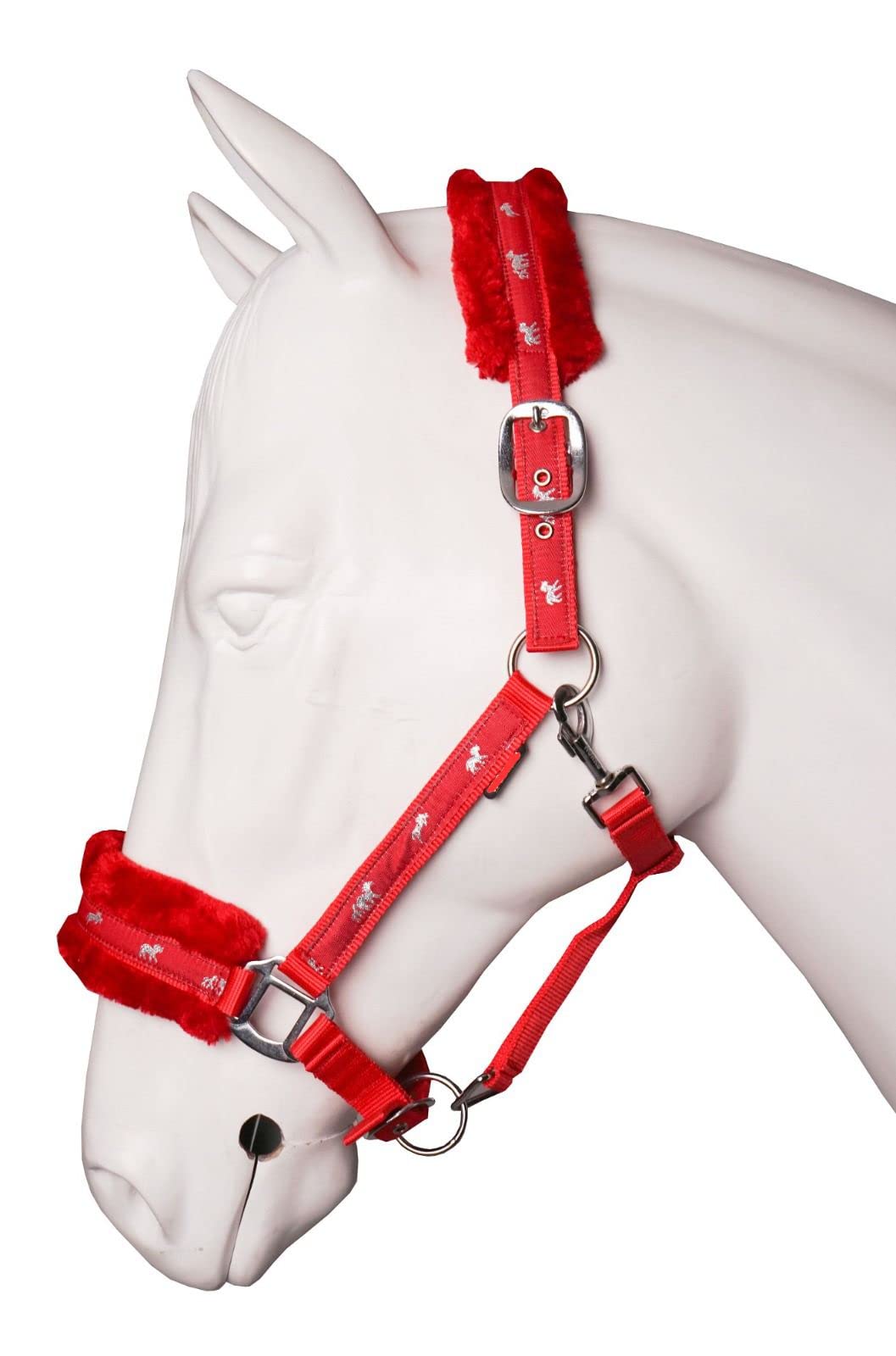 Equipride Horse Print with Faux Mink Nylon Headcollars with Matching Lead Rope RED (Pony)