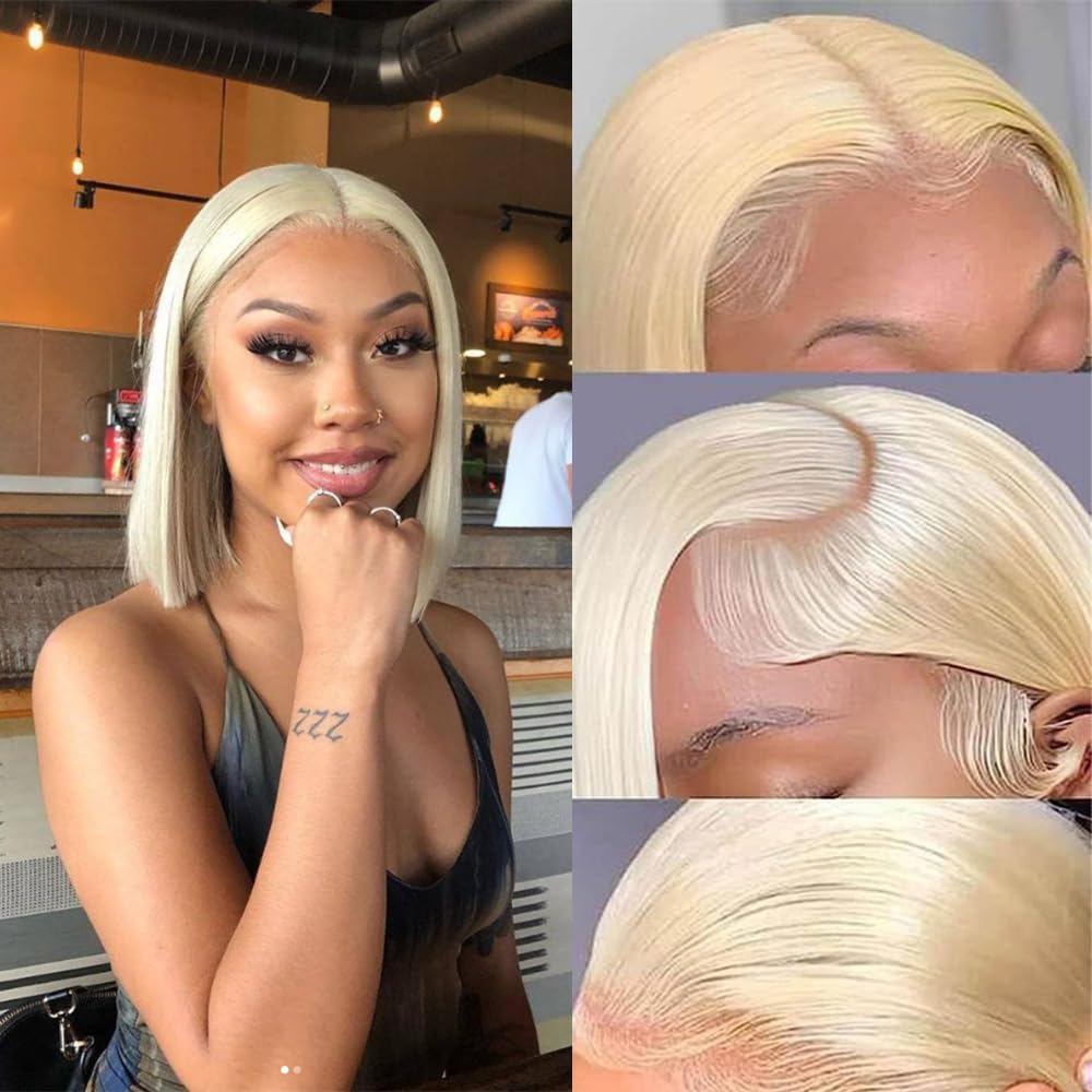 Datanala Bob Wig Human Hair Light Blonde Straight 13X4 Lace Transparent Front Wigs Pre Plucked Bleached Knots Straight HD Lace Front Wig (613 bob wig, 14Inch/N) โ image 1