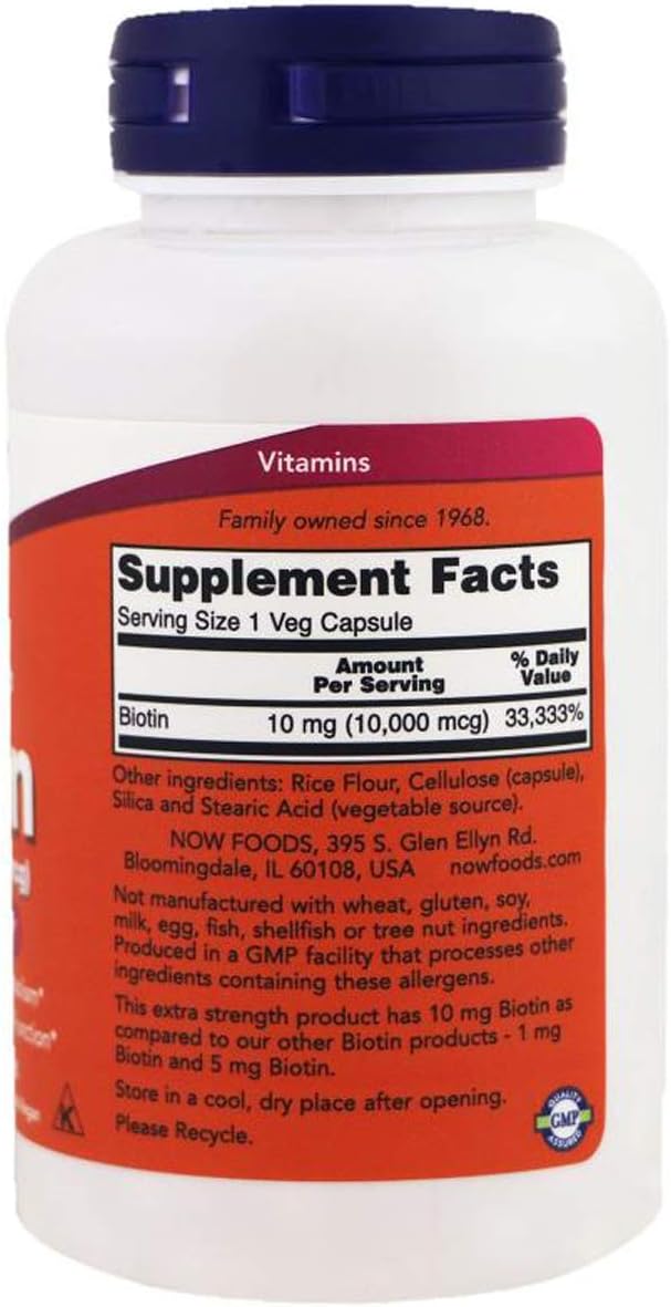 NOW Supplements, Biotin 10 mg (10,000 mcg), Extra Strength, Energy Production*, 120 Veg Capsules: Health & Personal Care