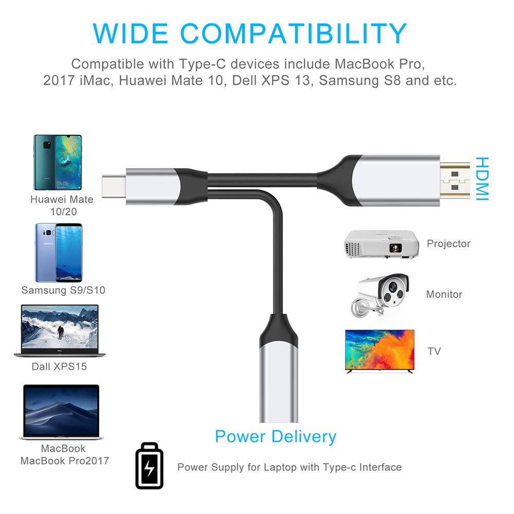 Fix4U USB C to HDMI Cable with PD(4K@60Hz), 6Ft USB Type C to HDMI Cable Braided Thunderbolt 3 Compatible with MacBook Pro/iPad Pro/MacBook Air 2018, iMac 2017, Surface Book 2, Samsung Galaxy S10/Note