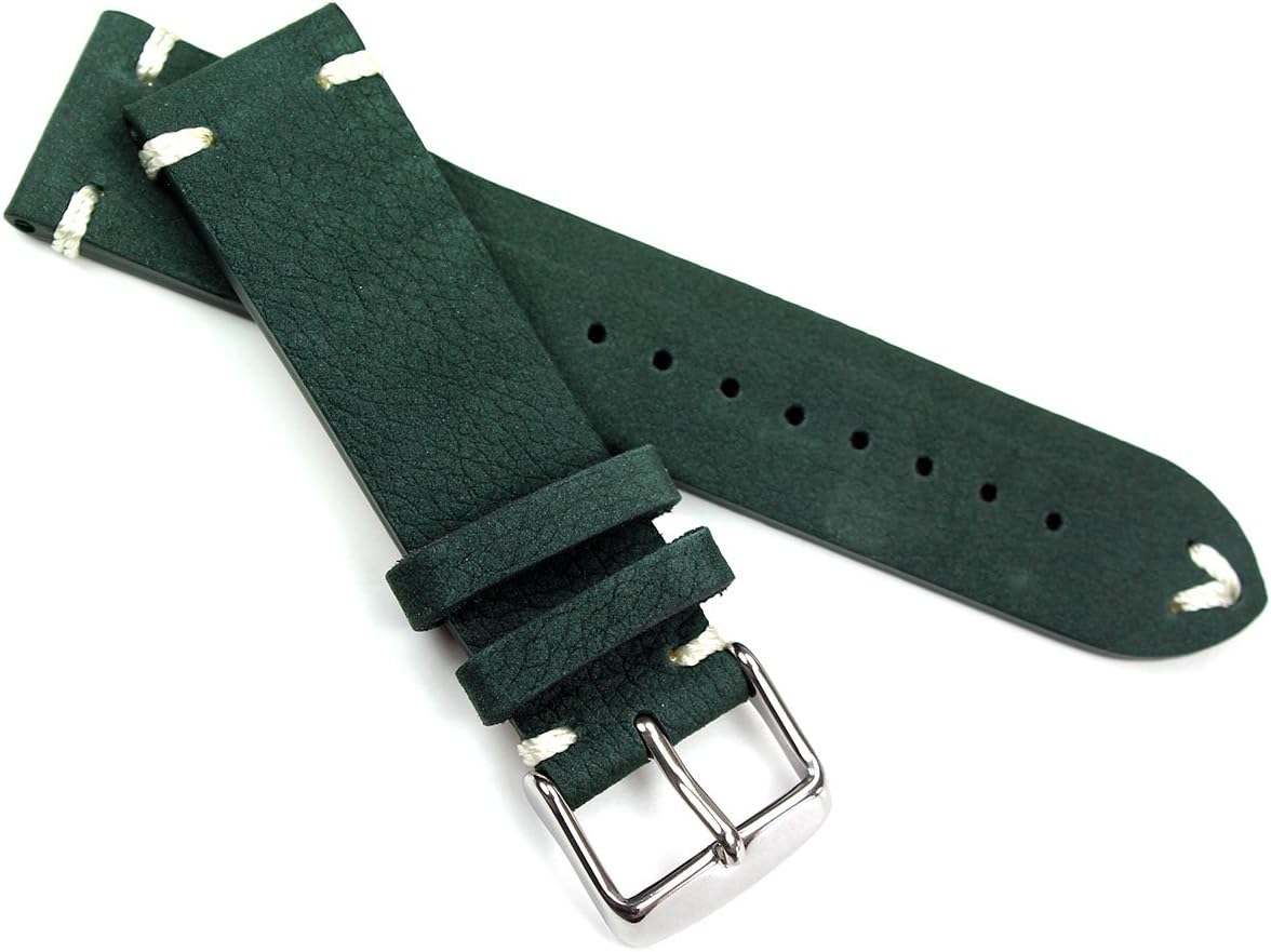 22 mm leather strap vintage retro look fir green military navy white stitching