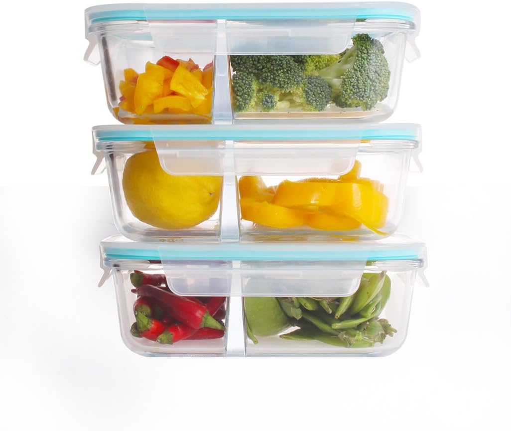 [3 Pack] Glass Meal Prep Containers 2 Compartment -Divided Glass Lunch Containers Food Container - Glass Food Storage Containers - Glass Storage Containers with Lids --Glass Food Containers 35.5oz