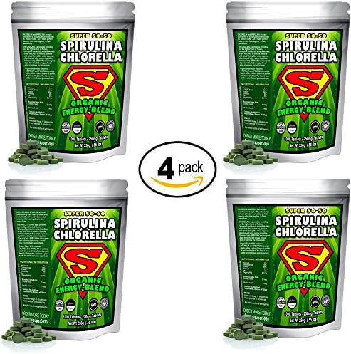 Spirulina Chlorella Super 50-50 Energy-Blend (Super-Pack 1,000 Tablets). Raw Organic Gluten-Free Non-GMO Green Superfood. High Protein, Chlorophyll & nucleic acids. No preservatives. (4 Pack