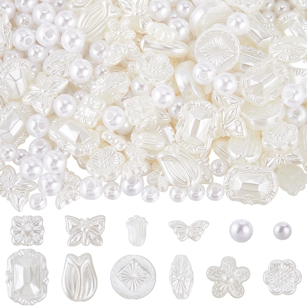 SUNNYCLUE 12 styles 400pcs Imitation Pearls Beads Plastic Pearl Beads Assorted Cute Abs White Aesthetic Faux Butterfly Flower Leaves Pearl Bead for Jewellery Making Bracelets Necklaces Earrings Weddin