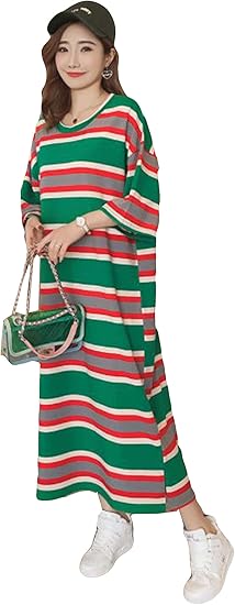 Amazon Alhyla ワンピース 半袖 レディース 春夏 ストライプ おしゃれ パーカーワンピ カジュアル おしゃれ 韓国版 ロングワンピース Bf風 丸首 シンプル プルオーバー ワンピース チュニック 通販