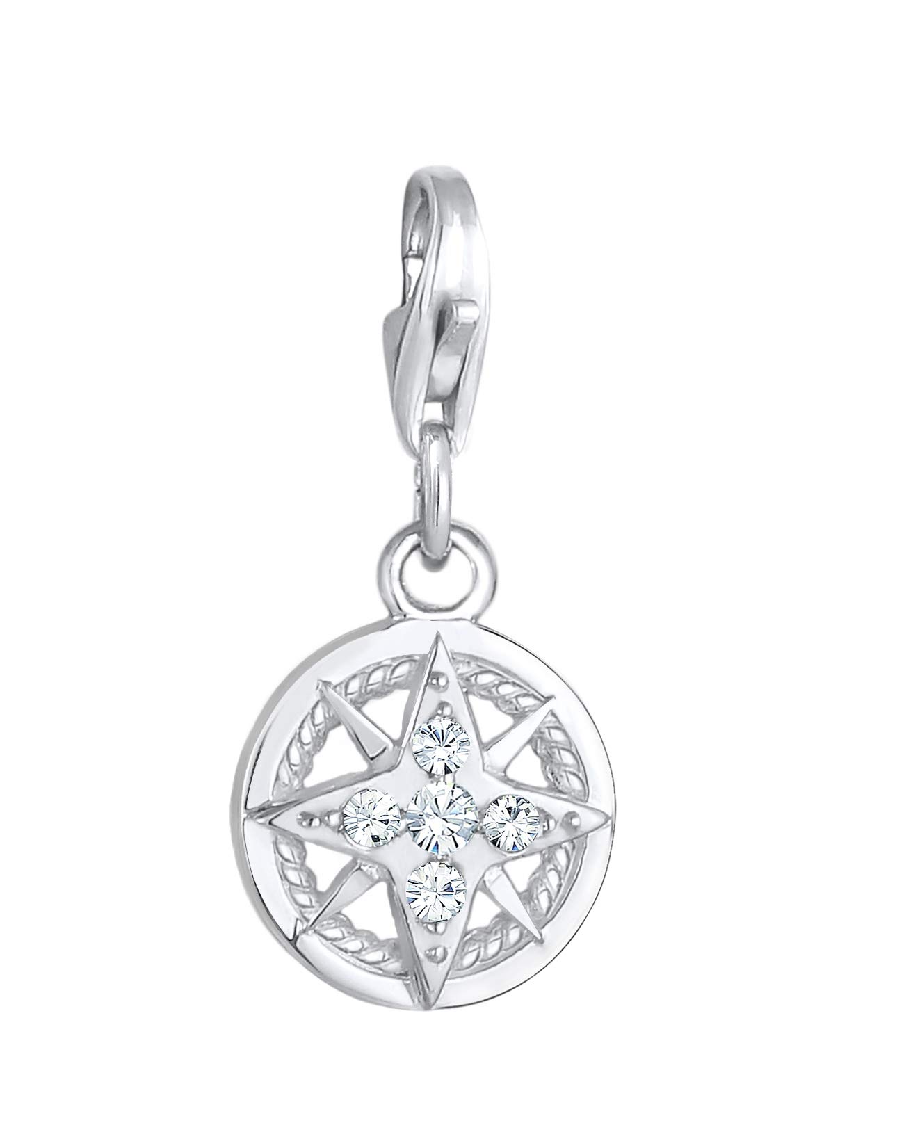 Compass Charm Pendant 925 Sterling Silver for Women and Girls, Wind Rose Motif with Crystals in White, Maritime Charms fits All Standard Charm Bracelets and Charm Necklaces