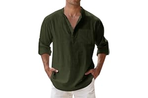 YOUYING Men's Cotton Linen Henley Shirt Long Sleeve Hippie Casual Beach T Shirt Summer Loose Lightweight Band Collar Yoga Top